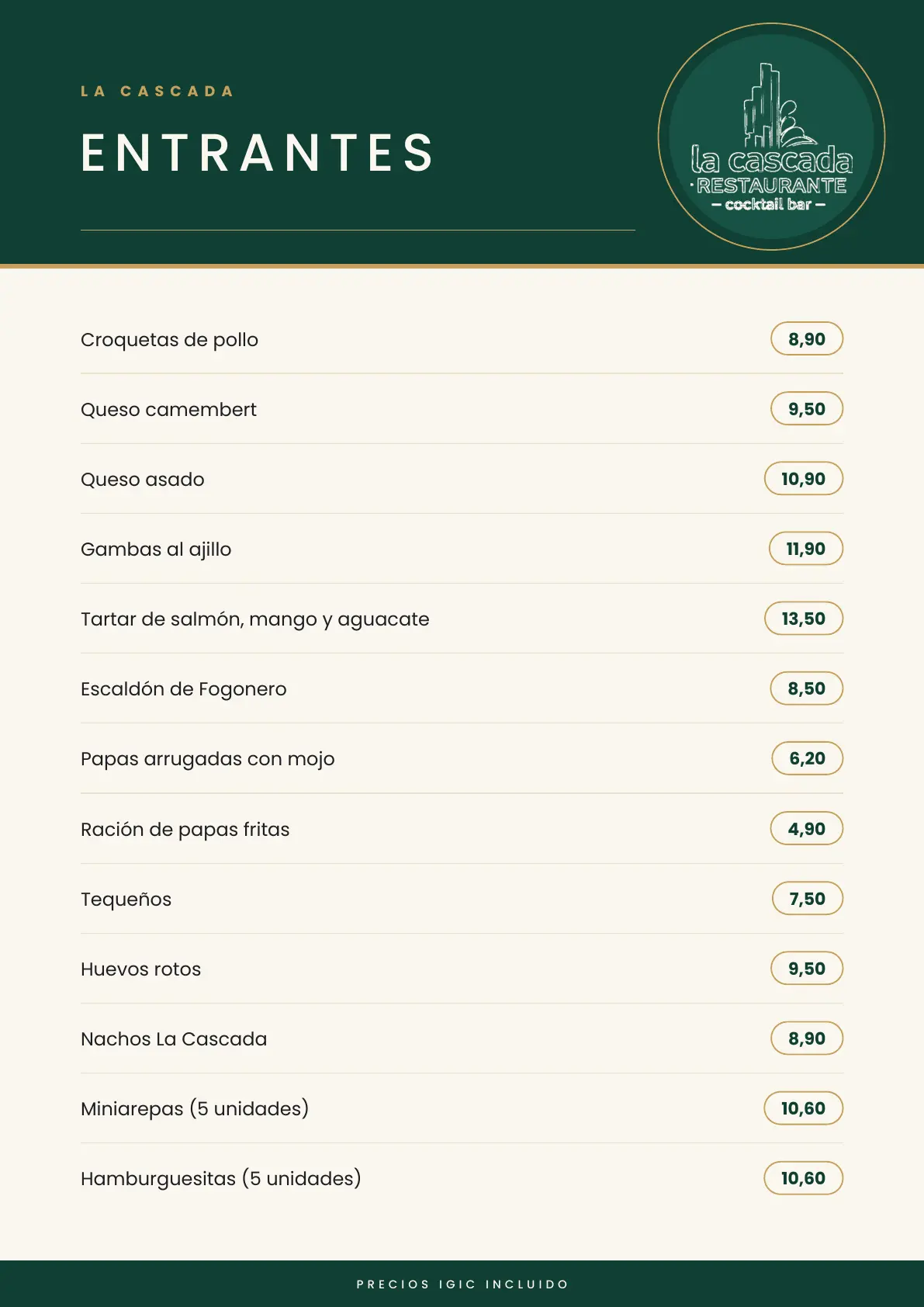 Carta La Cascada, página 1 de 8: Entrantes