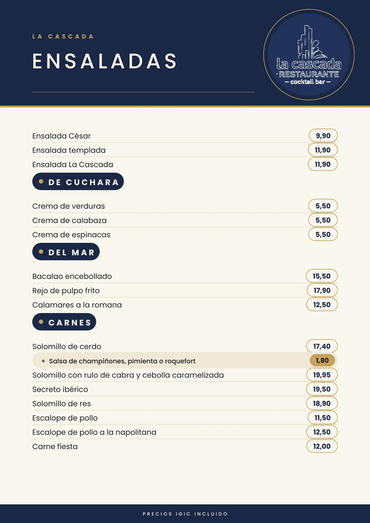 Carta La Cascada, página 2 de 8: Ensaladas, cremas, pescados y carnes