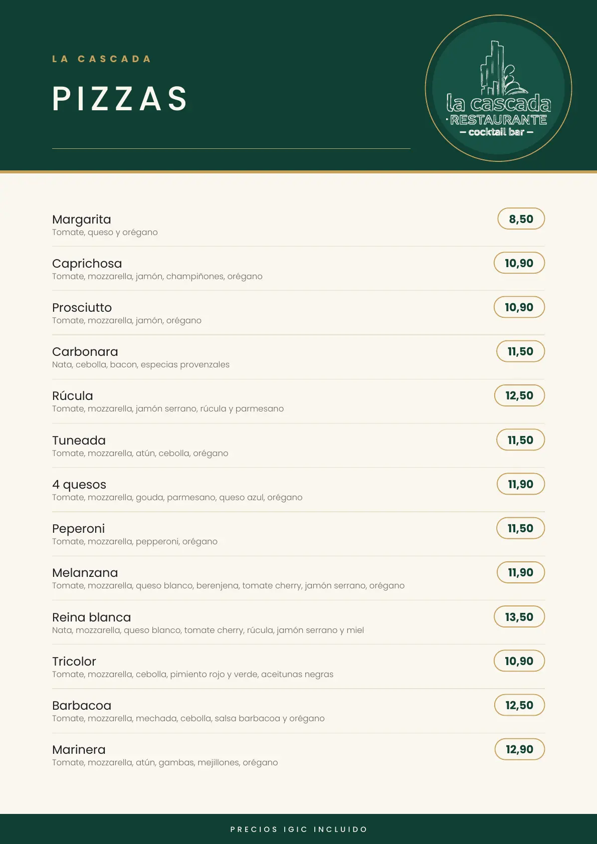 Carta La Cascada, página 3 de 8: Pizzas