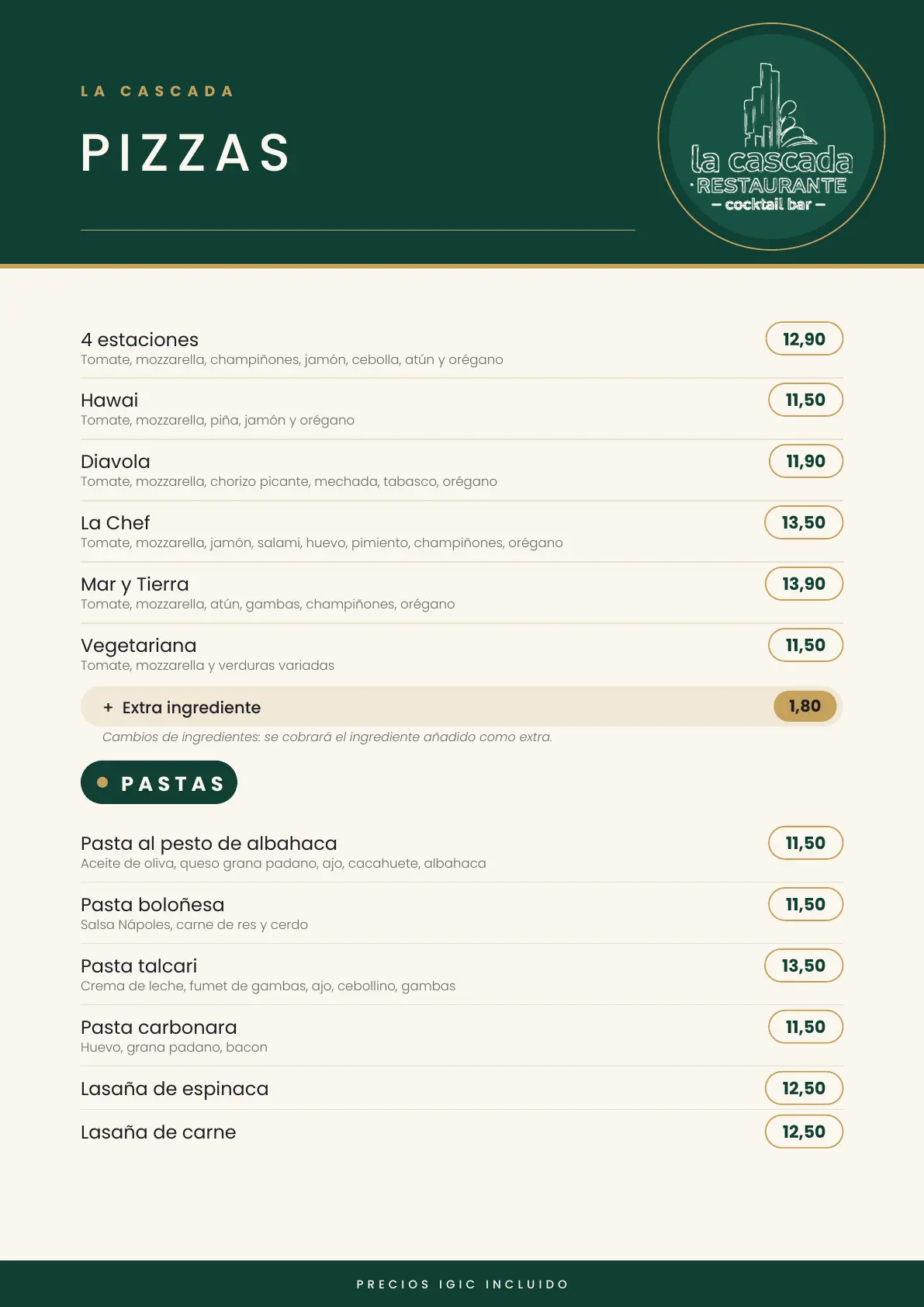 Carta La Cascada, página 4 de 8: Pizzas y pastas