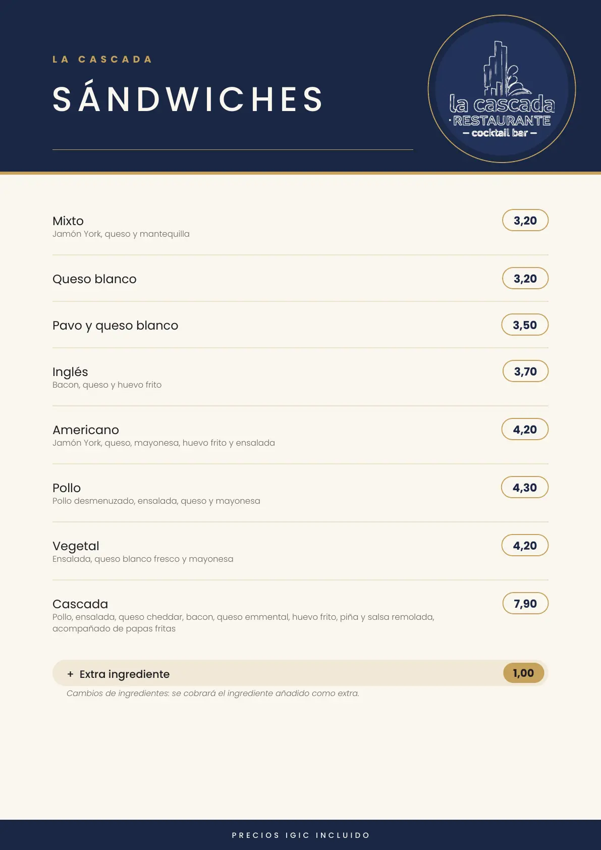 Carta La Cascada, página 7 de 8: Sándwiches