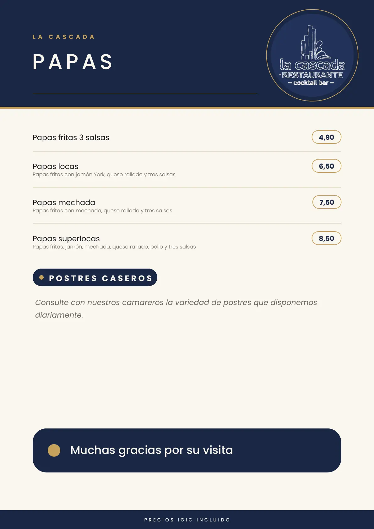 Carta La Cascada, página 8 de 8: Papas y postres caseros